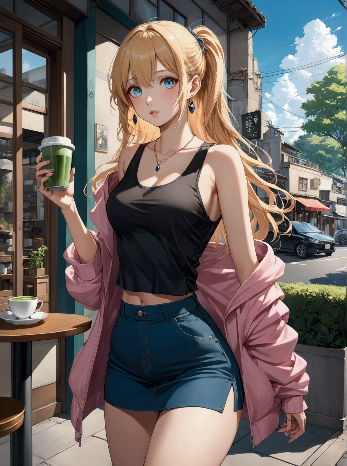 realistic anime illustration of pretty woman, (blonde hair, multicolored hair, bangs, one side up, long hair, blue eyes, hairclip, jewelry, earrings), is waiting her boyfriend at outside the cafe, holding a cup of matcha tea, wears pink sleeveless jacket-hoodie , open hoodie, black tank top, dark teal-blue denim pencil mini skirt, white-black platform sandals, (1girl, solo, full body, front view), (masterpiece, best quality, japanese anime style), (expressive eyes, perfect face, perfect body),