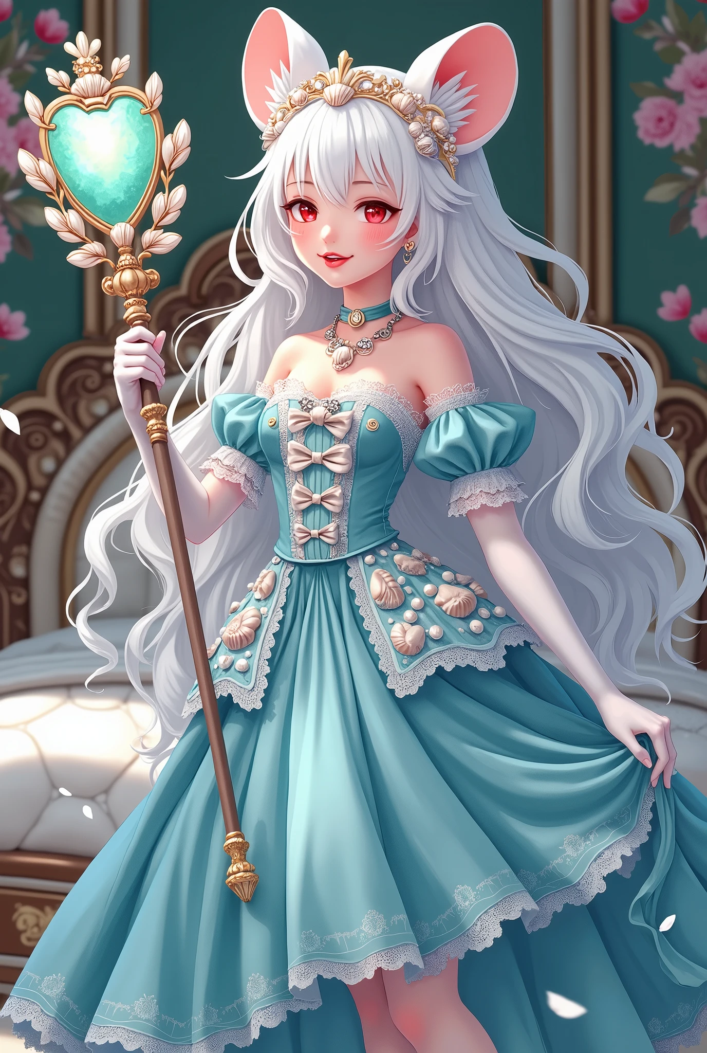 (best quality,4k,8k,highres,masterpiece:1.2), ultra-detailed, Pretty albino girl has a princess of the sea, drawn in 2D anime style, steampunk, mermaidcore fashion, wearing a iridescent turquoise princess gown with puffy sleeves, steampunk, gorgeous frilly dress design,flowing gown, elaborate lace details,rich textures,contrast stitching,delicate ribbon bows, seashells embroidery, full skirt with ocean wave pattern,short sleeves,fitted waistline,flared sleeves,lace-up back,luxurious fabrics,flawless silhouette, long curly white hair and red eyes, white fur, smiling, mouse ears and tail, ribboned high heels, white elbow evening gloves, gold bracelets, tiara made of seashells, beautifully detailed lips with lipstick, long eyelashes, eyeshadow, seashell necklace, in a castle bedroom with intricate decoration and luxurious furniture, flower wallpaper, she is holding a magic staff made of seashells and pearls.