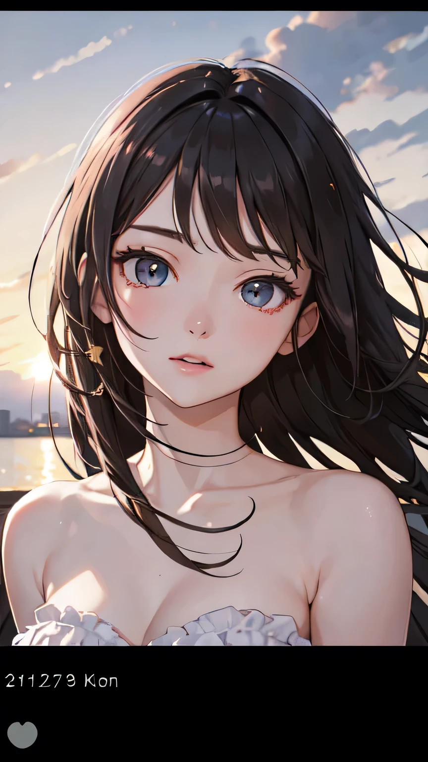 ((Highest quality)), ((masterpiece)), (detailed), One beautiful girl,Almond Eye,When the sunset paints the town,The clock hands point to 18:30,The wind that signals the end of the day,I love this moment with you,Close up of face
