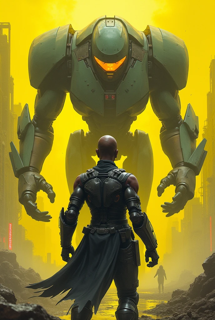 A bald African American man with a futuristic visor, sleek metallic armor, and glowing neon accents, reminiscent of Mike Mignola's style, engaged in combat with a colossal mechanical beast in a post-apocalyptic cityscape. The scene is bathed in cool yellow tones, highlighting the man's determined expression and the stark contrast between the desolate wasteland surroundings and the high-tech battle.