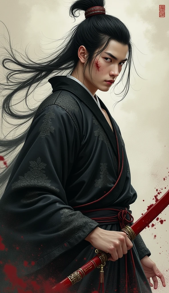 A man, chinese black historical costume, holding a bloody sword, blood on face, illustration, chinese idol face, pretty face, soft color