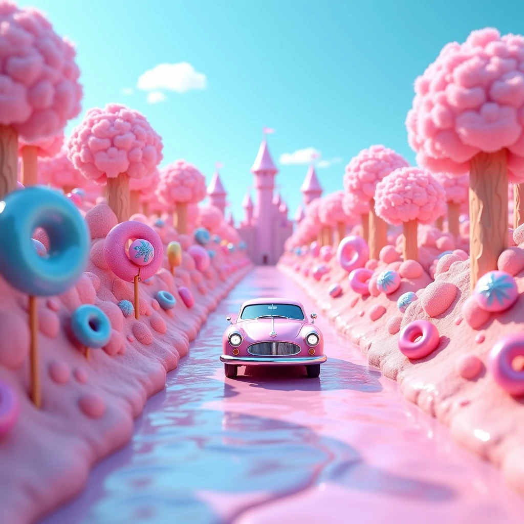 A car drives down the road in the Kingdom of candy, candy, tree shaped lollipops, only in the form of doughnuts, the candy is colorful, surreal, there are castles in the distance, the picture is made up of pink and blue, 3D