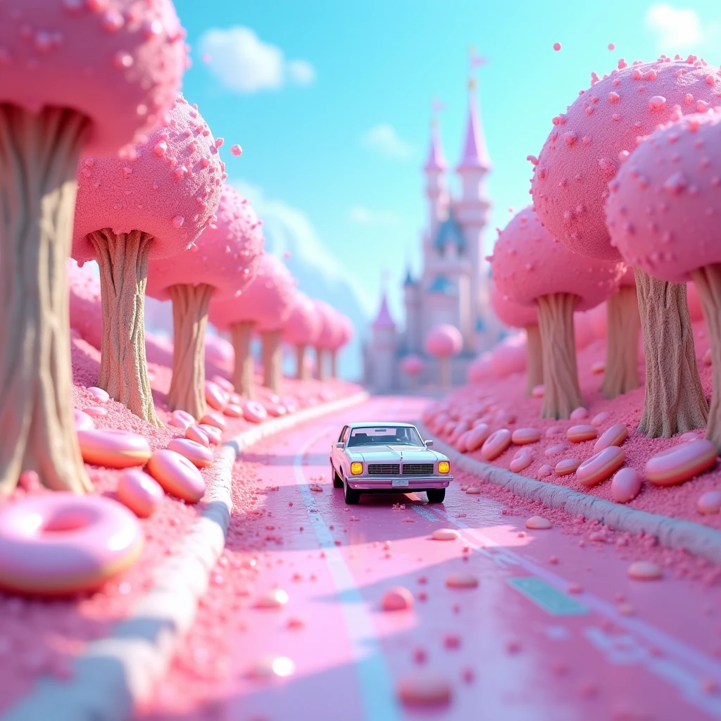 A car drives down the road in the Kingdom of candy, candy, tree shaped lollipops, only in the form of doughnuts, the candy is colorful, surreal, there are castles in the distance, the picture is made up of pink and blue, 3D