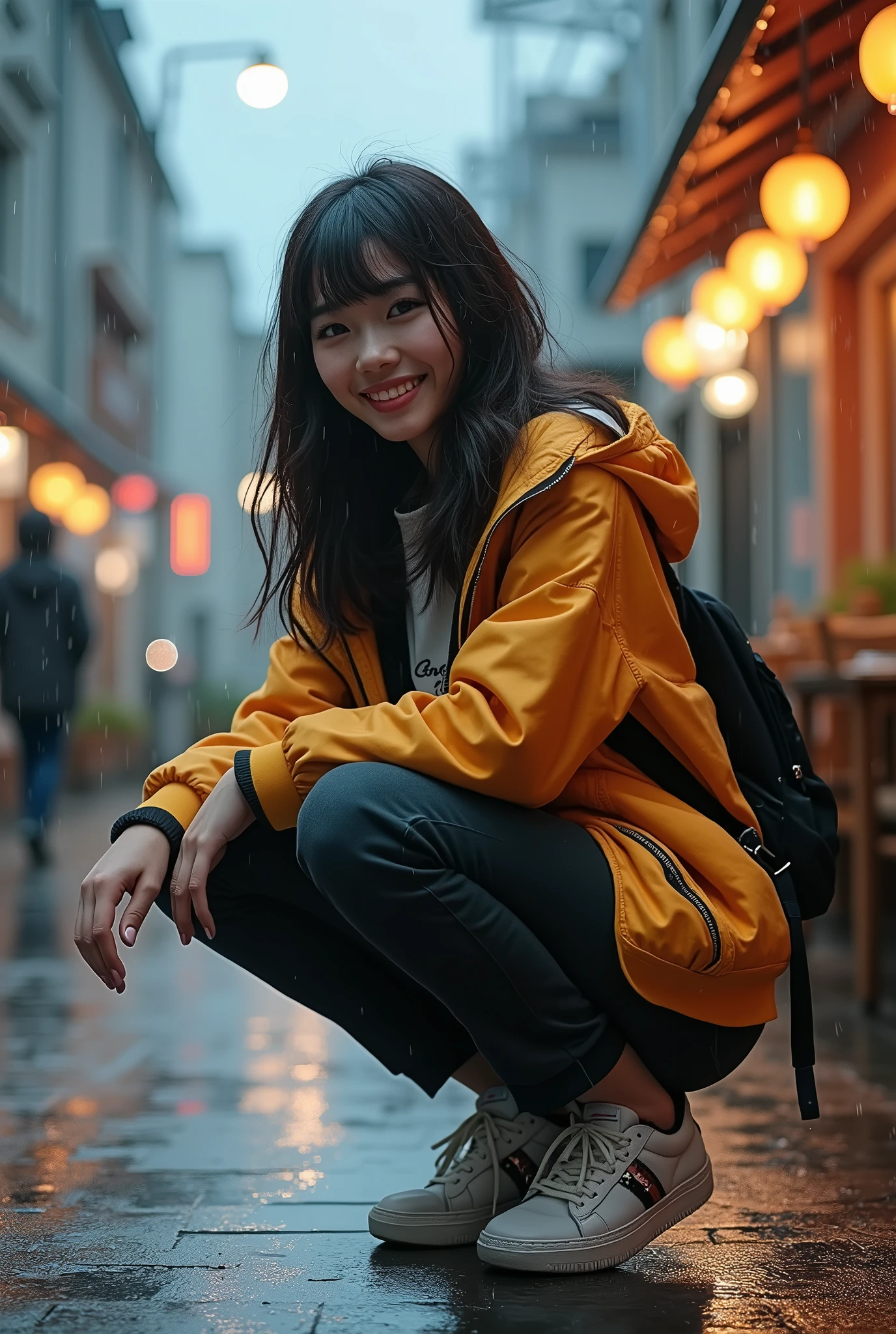 one person、High resolution、smile、High resolution、masterpiece、Anatomically correct、Person Portrait、Background blur、Super Real Photo、High resolution、Dramatic image、Harajuku casual fashion、dynamic、The perspective of the shot is quite far away、Capture the whole subject。Capture the whole subject、Beautiful decoration、Crouching、
background:Scenery with an open cafe in the rain