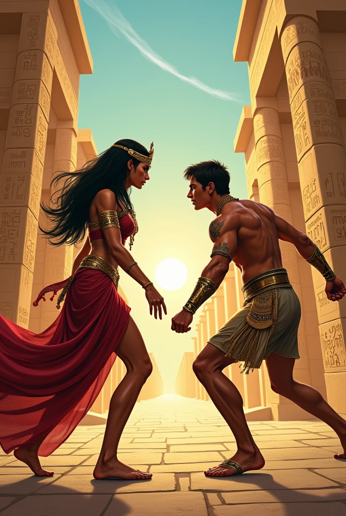 A beautiful and bright image of Cleopatra fight a young man
