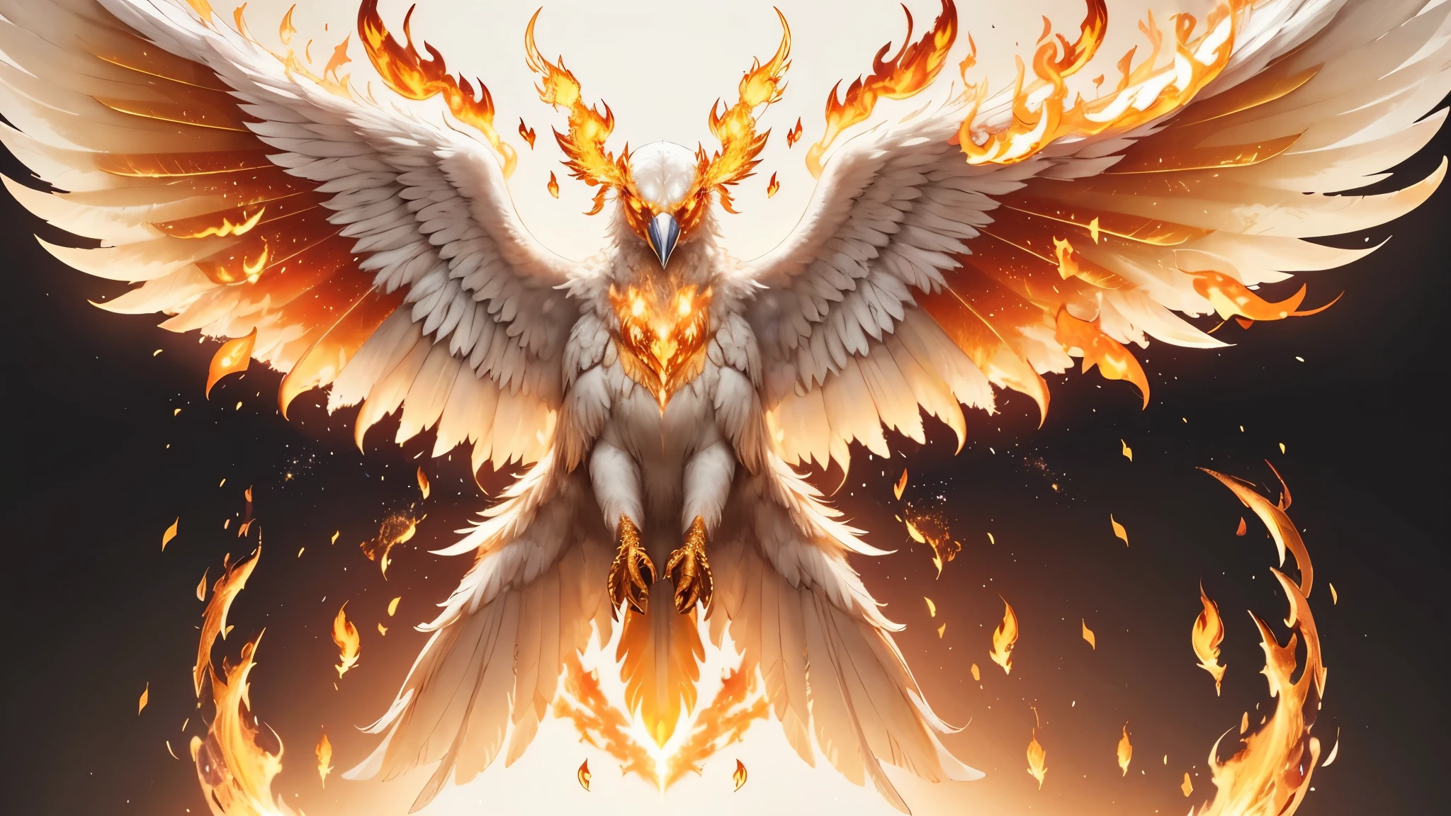Phoenix, ((white background)), (((wings made of fire))), golden fire, golden particle effects, semi realistic, extremely detailed wings, ((symmetrical)), spreading wings, (((glowing eyes))), detailed beak