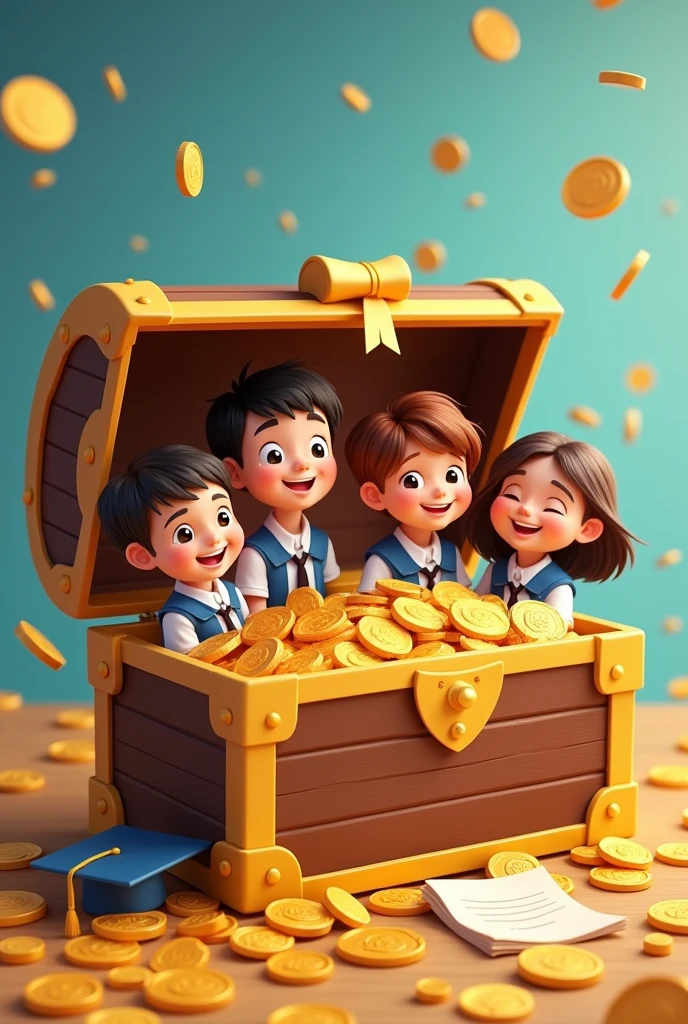 an animated opened treasure box with gold coins. Inside it a was filled with different picture of young friends boys and girls smiling all together with their uniforms, a letter and a graduation cap inside the treasure box.