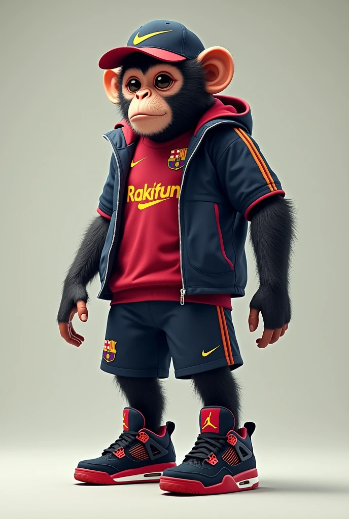 An adult monkey wearing a Nike cap, a Barcelona shirt, black shorts and black and red Jordan 4 sneakers