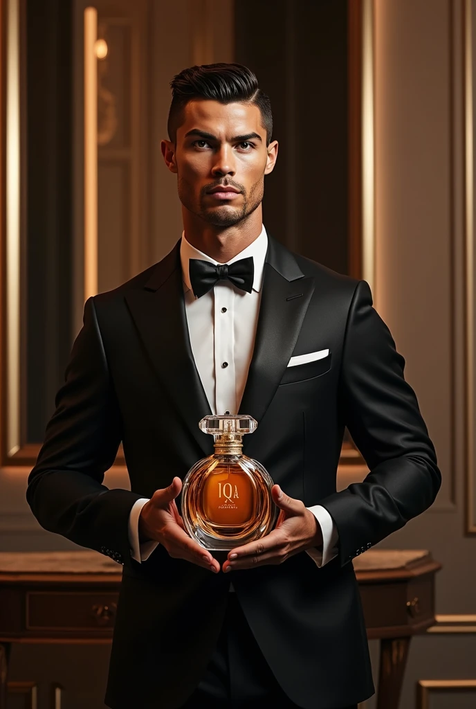 Create image of ronaldo holding luxurious perfume bottle of iqra Fragrance 