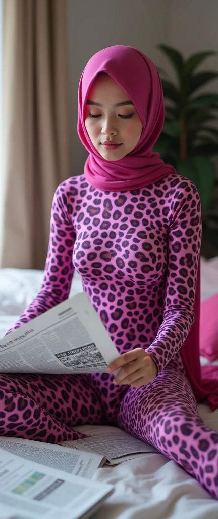 The most beautiful,thin,most pretty and clever Asian muslimah adult girl wears pink and purple leopard print lycra turtleneck unitard catsuit covered with spots.She always wear pink and purple leopard print lycra dancewear stretchy square hijab covered with many spots.She sits on the bed and reads a lot of newspapers