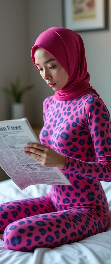 The most beautiful,thin,most pretty and clever Asian muslimah adult girl wears capri blue colour lycra turtleneck unitard catsuit with grey lycra gloves.She always wear capri bluecolour lycra dancewear stretchy square hijab.She sits on the bed and reads a lot of newspapers