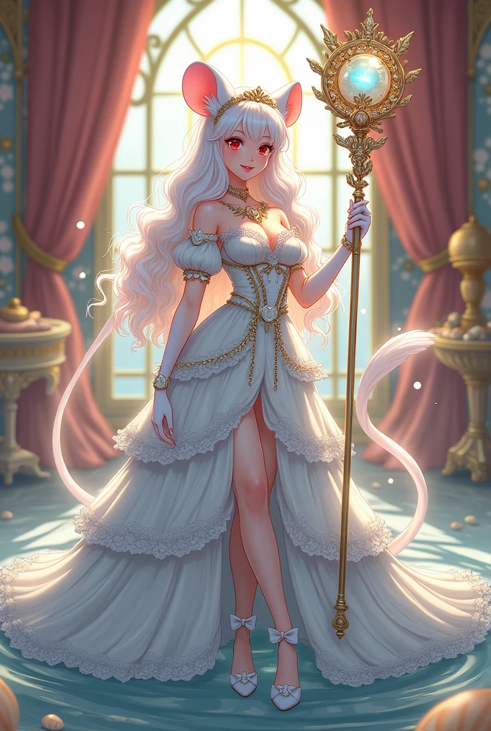 (best quality,4k,8k,highres,masterpiece:1.2), ultra-detailed, Pretty albino girl has a princess of the sea, drawn in 2D anime style, steampunk, mermaidcore fashion, wearing a iridescent turquoise princess gown with puffy sleeves, steampunk, gorgeous frilly dress design,flowing gown, elaborate lace details,rich textures,contrast stitching,delicate ribbon bows, seashells embroidery, full skirt with ocean wave pattern,short sleeves,fitted waistline,flared sleeves,lace-up back,luxurious fabrics,flawless silhouette, long curly white hair and red eyes, white fur, smiling, mouse ears and tail, ribboned high heels, white elbow evening gloves, gold bracelets, tiara made of seashells, beautifully detailed lips with lipstick, long eyelashes, eyeshadow, seashell necklace, in a castle bedroom with intricate decoration and luxurious furniture, flower wallpaper, she is holding a magic staff made of seashells and pearls.