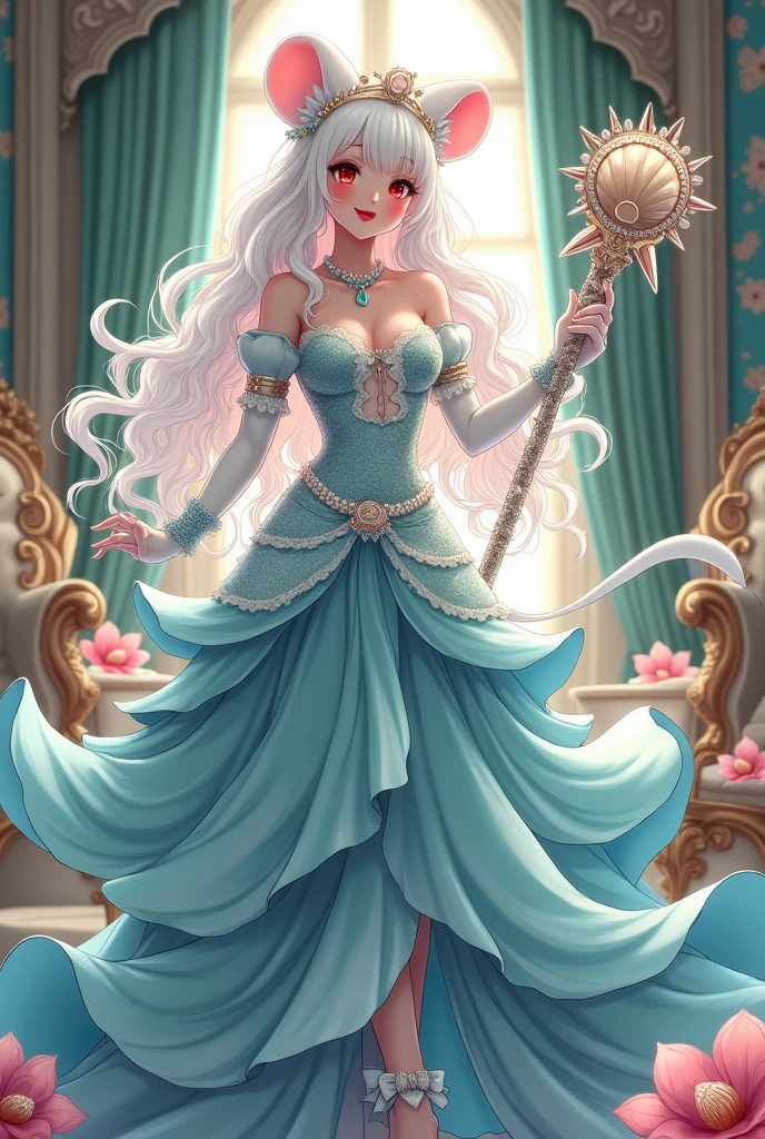 (best quality,4k,8k,highres,masterpiece:1.2), ultra-detailed, Pretty albino girl has a princess of the sea, drawn in 2D anime style, steampunk, mermaidcore fashion, wearing a iridescent turquoise princess gown with puffy sleeves, steampunk, gorgeous frilly dress design,flowing gown, elaborate lace details,rich textures,contrast stitching,delicate ribbon bows, seashells embroidery, full skirt with ocean wave pattern,short sleeves,fitted waistline,flared sleeves,lace-up back,luxurious fabrics,flawless silhouette, long curly white hair and red eyes, white fur, smiling, mouse ears and tail, ribboned high heels, white elbow evening gloves, gold bracelets, tiara made of seashells, beautifully detailed lips with lipstick, long eyelashes, eyeshadow, seashell necklace, in a castle bedroom with intricate decoration and luxurious furniture, flower wallpaper, she is holding a magic staff made of seashells and pearls.