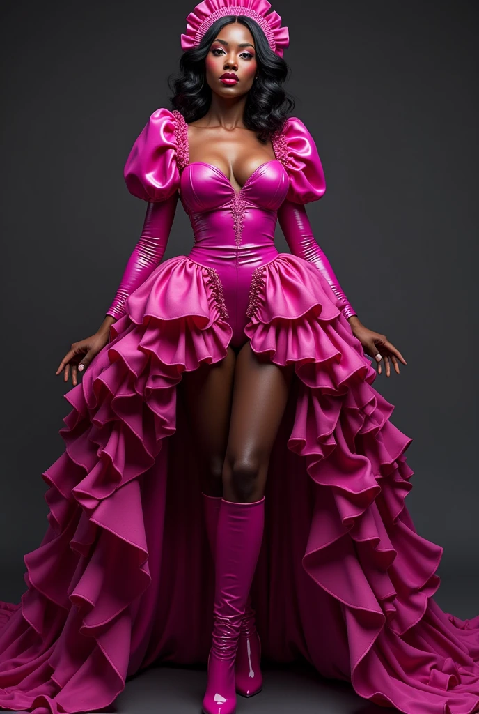 slim latex magenta maid, ebony, puff sleeve, many ruffles, neckline,very very red lips, show the whole body, verkneehigh latex boots, voluminous skirt, The whole dress touches the floor, (vagina), (shaved pussy)