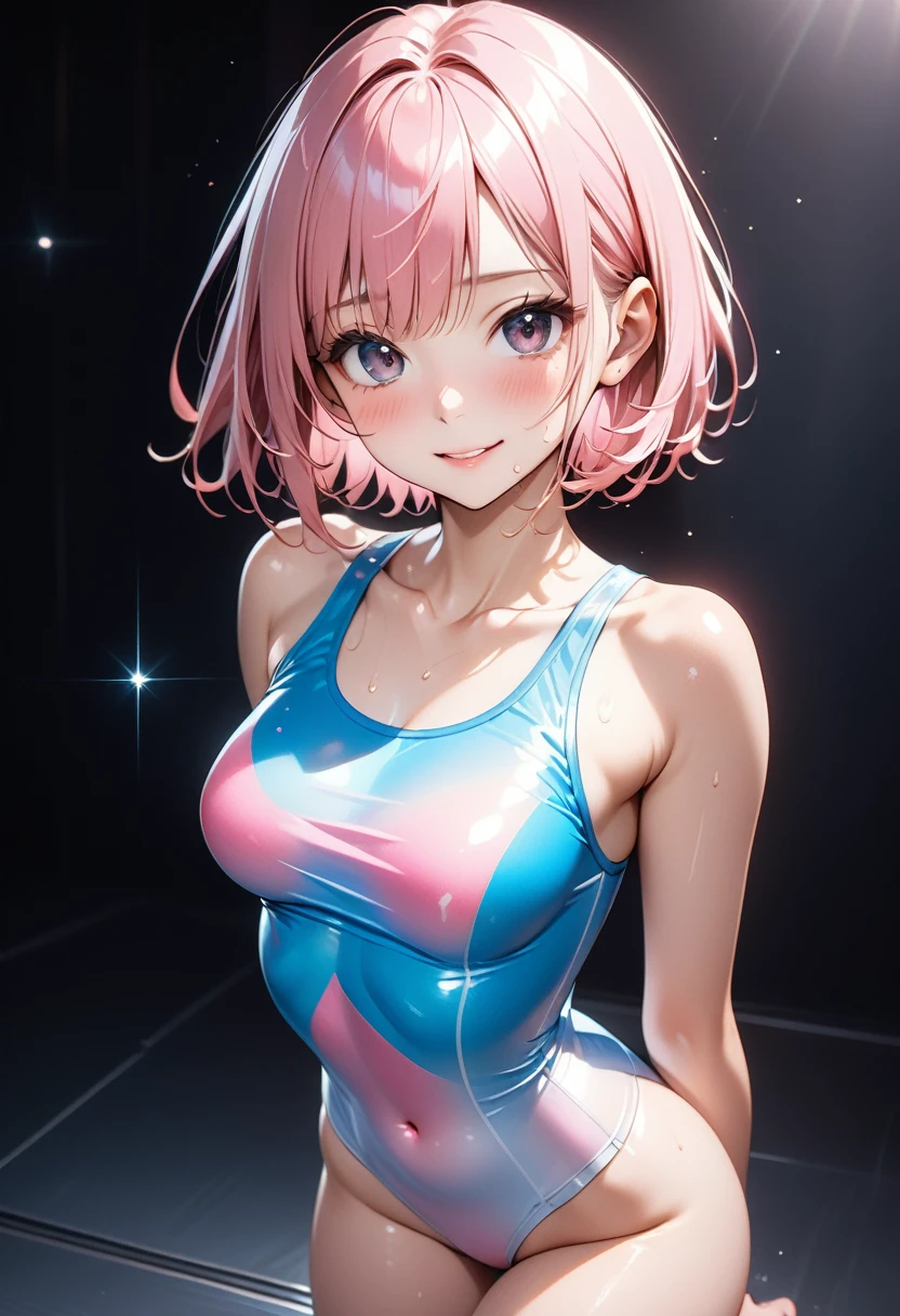 ((School Swimsuit)), skindentation, skinny, alone, solo, 1 woman, Masterpiece, highest quality, highest quality, 16K, incredibly absurd, highly detailed, 2.5D, ai-generated, delicate and dynamic, very delicate facial expressions, delicate eye depiction, erotic, only sexy woman, ((A cute and kind face)), healthy figure, ((1 woman)), 160cm tall, ((medium firm swaying bust)), medium breasts, (short hair), (pink hair:1.5), bob cut, black eye, blush, Sweat,Embarrassed,sexy, ((thin thighs)), (camel toe:0.7), (visible nipples:0.5), (Erect nipples,:0.7), shiny and lustrous, facing straight at viewer, smile, ((Oily_skin)), dark skin, ((standing)), ((arm at side)), ((Transparent and sparkling costume)),