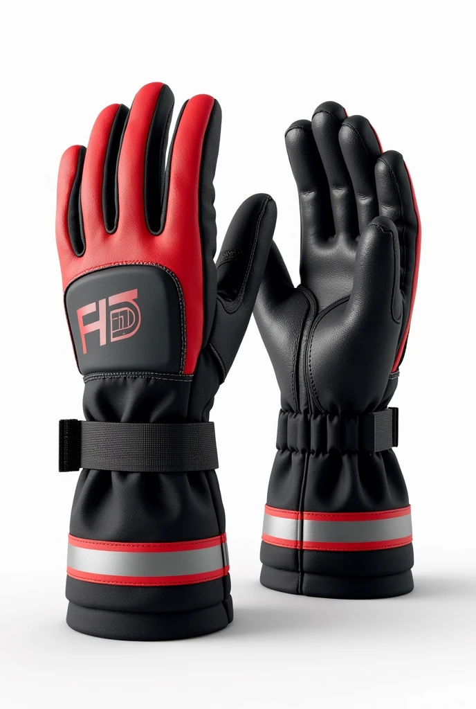Design a cutting-edge model of firefighting gloves, showcasing both the front and back views on a clean white background.

Front View: The gloves should feature a rugged yet sleek appearance, with the palm area reinforced with high-friction, heat-resistant materials for superior grip. Articulated fingers should offer enhanced flexibility, with touch-screen compatible tips on the thumb and index finger. The design should be predominantly matte black, accented with bright red and reflective silver highlights for visibility.

Back View: The back of the gloves should be equipped with reinforced knuckle guards and extra padding for protection against impacts and heat. The design should also include reflective strips running along the length of the fingers and the back of the hand for visibility in low-light conditions. Adjustable wrist straps with secure closures should be incorporated, ensuring both a snug fit and ease of removal. The gloves should embody a balance of durability, safety, and modern aesthetics.

Present both the front and back views of the gloves against a plain white background to clearly showcase all design details.