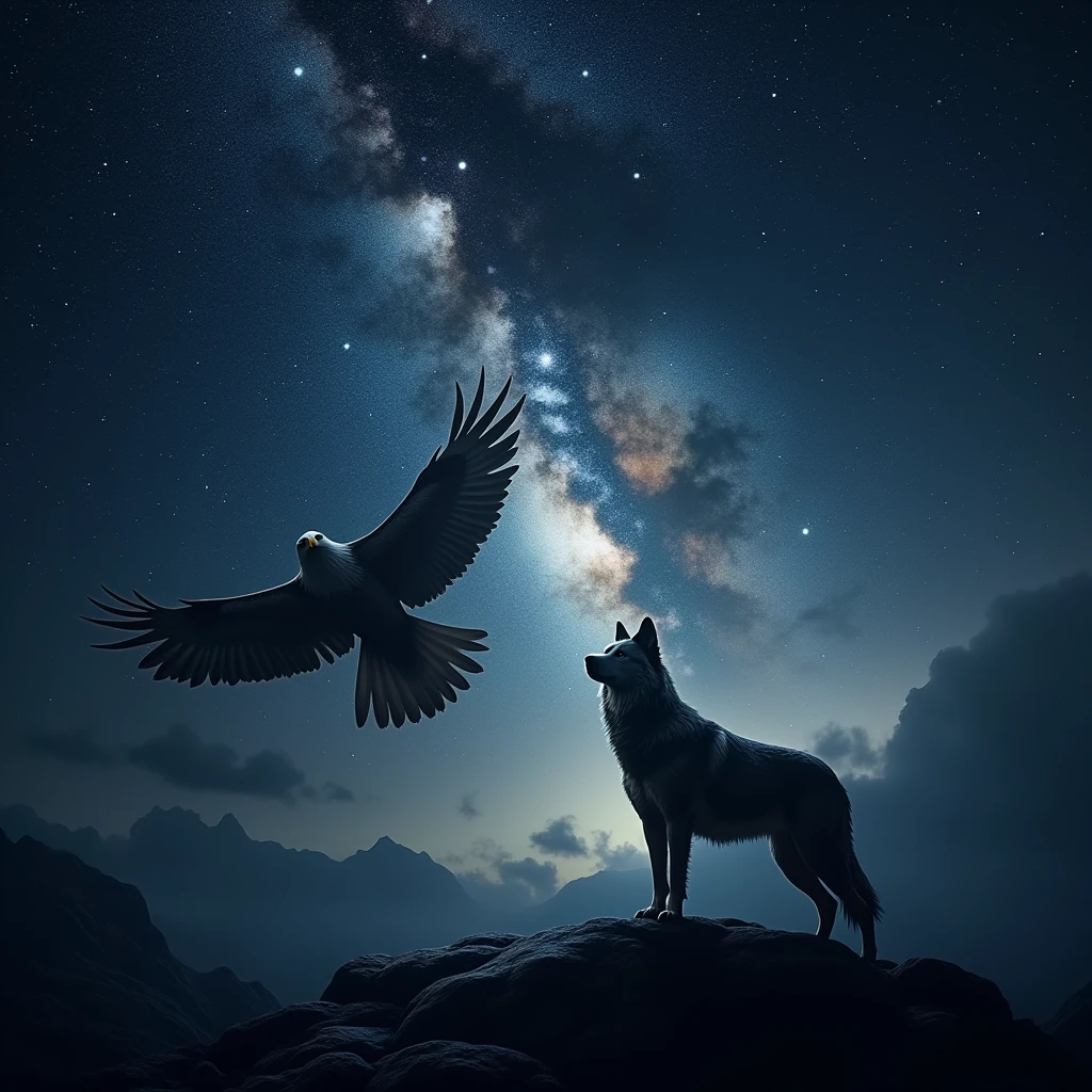 Wolf and Eagle under the milky way and have a Mercury planet at the Background 