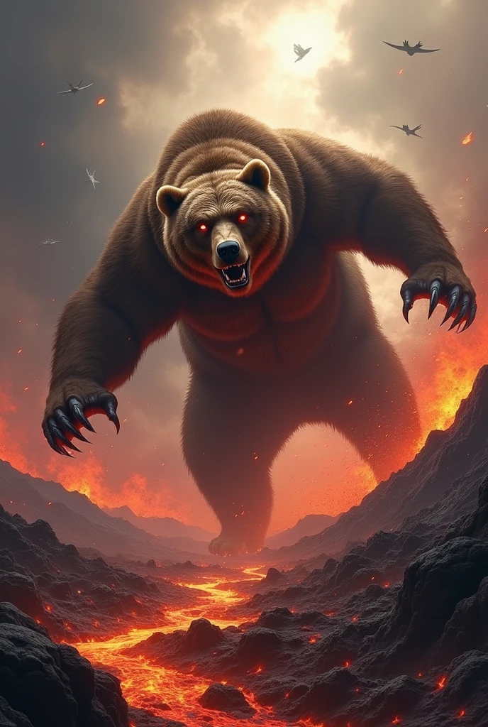 bear, with bright red eyes, open claws , hairs standing on end and muscles tense, poised for battle. A huge volcanic landscape with rivers of lava, a sky full of ash and floating embers hover in the background. The strong light from the lava casts dramatic shadows, emphasizing the epic, cinematic scale and super detailed scene