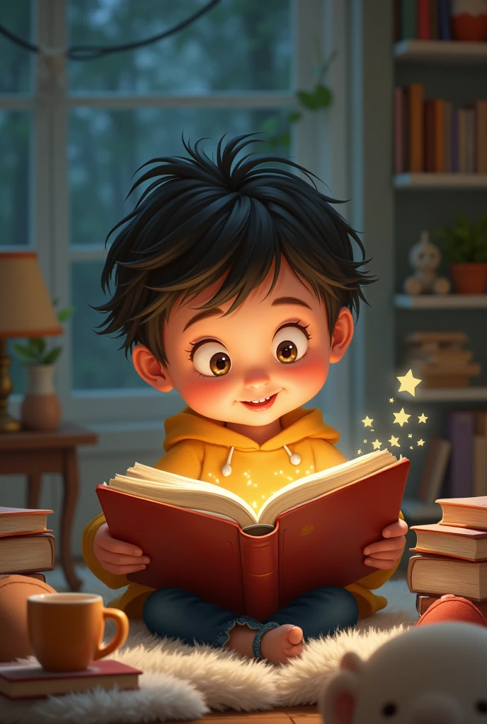 A  reading a book,/ has a lot of imagination,/ and his having fun