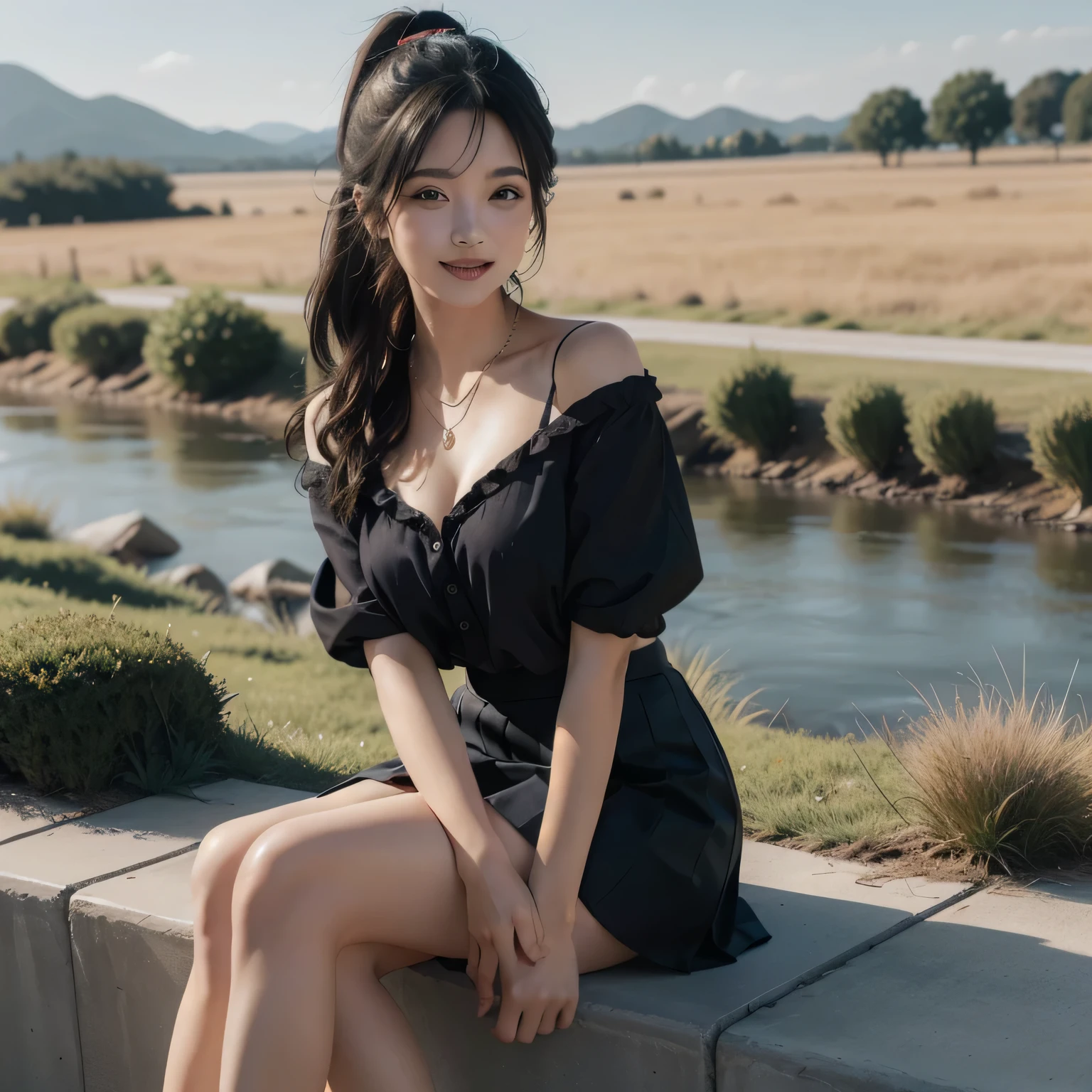 A digital illustration in anime style of a girl standing in a grassy field. She has long black hair styled in a ponytail and blue eyes. She is wearing pink hoddi , a  black pleated skirt skirt, black high heels, and a delicate necklace. The image should be ultra-realistic and high resolution (8K), with a clear and sharp depiction. The girl is smiling, dynamic combination, The image is clear and sharp, (Exquisite, sublimation:1.2), Indescribably beautiful, Digital illustration, with beautifully structured features and stunning legs, looking directly at the viewer. The content should be highly detailed, with an exquisite and sublimely beautiful presentation. The background should include a river, adding to the overall masterpiece quality of the illustration.