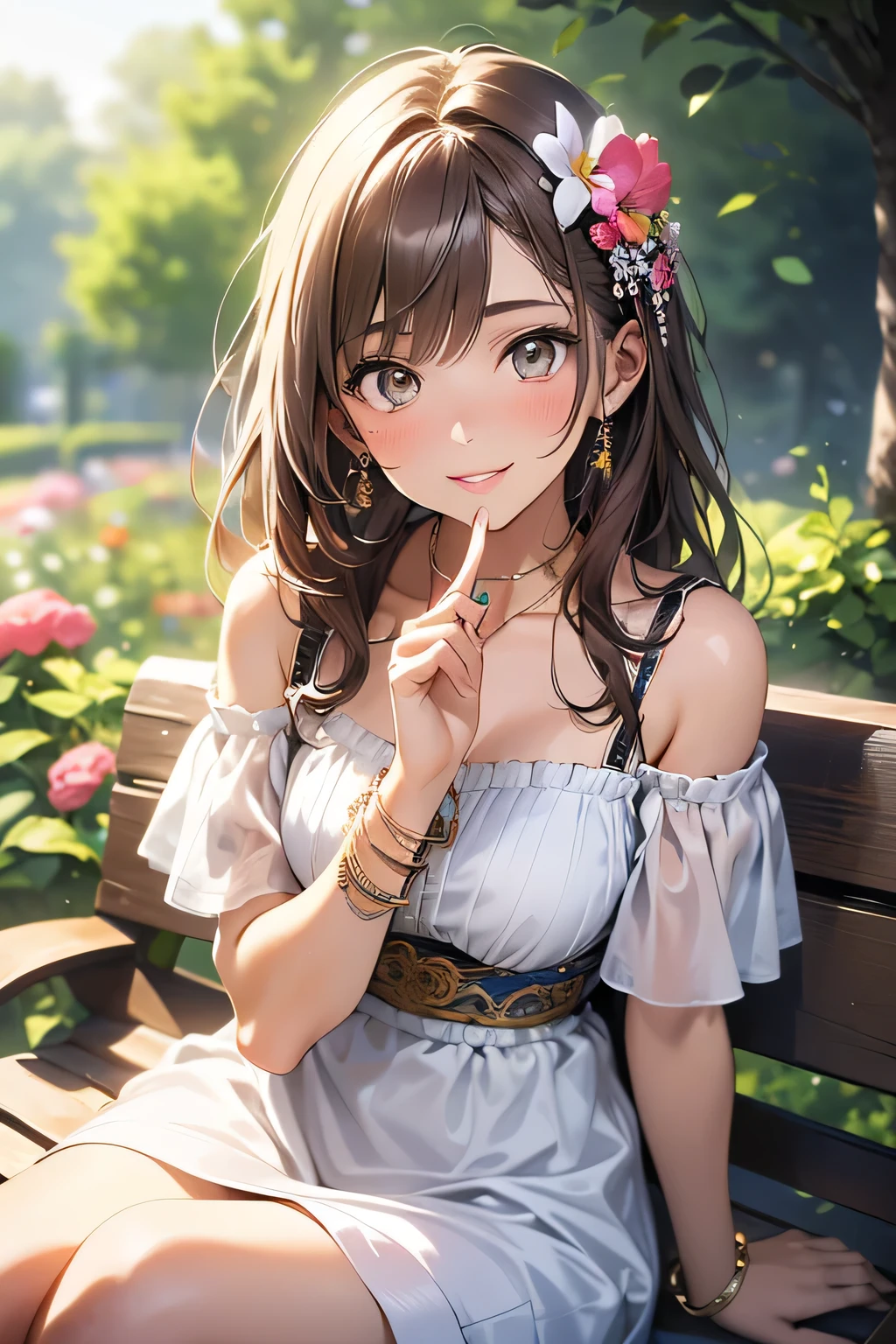 (masterpiece, Best quality, ultra detailed, a high resolution, 4K),(beautiful detailed eyes),(very detailed face),(1 girl),HDR,long hair,light summer white dress,  Brown eyes, Brown hair,  bracelet, Jewelry, look, lips, just concentrate, nail polish, Blurred background, smile, wristlook, realistic, Blurred, I look at the viewer in the garden among beautiful flowers