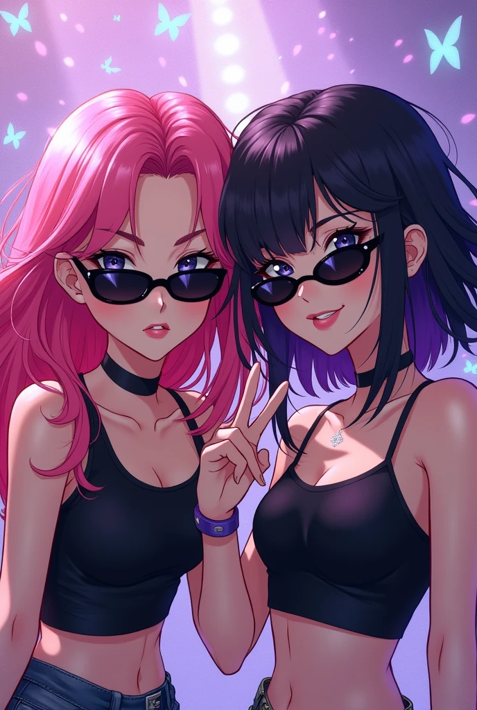 girl hair pink LARGE with black, eyes pink, face seriues with sunglasses cool and friend girl hair black with purple, face seriues with sunglasses pose peace , butterflies purples particles little , anime HD , oufit futurista, crop top black , match icon, atmosphere 80s