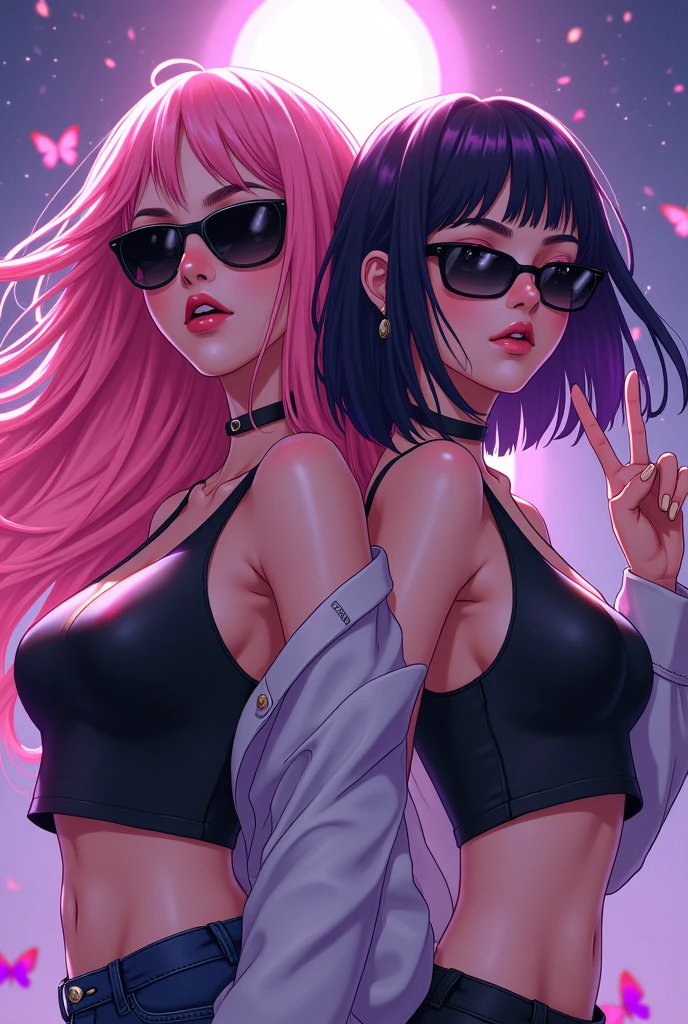 girl hair pink LARGE with black, eyes pink, face seriues with sunglasses cool and friend girl hair black with purple, face seriues with sunglasses pose peace , butterflies purples particles little , anime HD , oufit futurista, crop top black , match icon, atmosphere 80s
