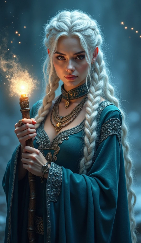 Fantasy setting, sharp focus, High quality photo of a beautiful mature northern woman, Wizard , wearing black clothes with silver tracery, white single braided hair, confident look, rising ((magic wand with glowing orb on top)), glowing runes flying around, jewelry, Detailed eyes, low body fat percentage, cinematic lighting, highly detailed, (matching eyes:1.2), Full body photo, epic pose, Night sky background, Art by Charlie Bowater, (Extremely detailed oil painting:1.2), Glow effects, divine rays, Hand painted, render, 8k, octane render, Cinema 4D, blender, dark, atmospheric 4k ultra detailed, cinematic sensual, sharp focus, humorous illustration, large depth of field, Masterpiece, Colors, 3d octane render, 4k, Concept art, Trending on ArtStation, hyper realistic, Vivid colors, extremely detailed CG Unity 8k wallpaper, Trending on ArtStation, Trends at cgsociety, complicated, high detail, dramatic 