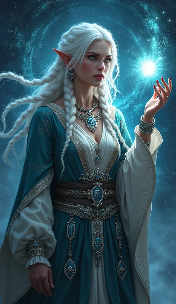 Fantasy setting, sharp focus, High quality photo of a beautiful mature northern woman, Wizard , wearing black clothes with silver tracery, white single braided hair, confident look, rising ((magic wand with glowing orb on top)), glowing runes flying around, jewelry, Detailed eyes, low body fat percentage, cinematic lighting, highly detailed, (matching eyes:1.2), Full body photo, epic pose, Night sky background, Art by Charlie Bowater, (Extremely detailed oil painting:1.2), Glow effects, divine rays, Hand painted, render, 8k, octane render, Cinema 4D, blender, dark, atmospheric 4k ultra detailed, cinematic sensual, sharp focus, humorous illustration, large depth of field, Masterpiece, Colors, 3d octane render, 4k, Concept art, Trending on ArtStation, hyper realistic, Vivid colors, extremely detailed CG Unity 8k wallpaper, Trending on ArtStation, Trends at cgsociety, complicated, high detail, dramatic 