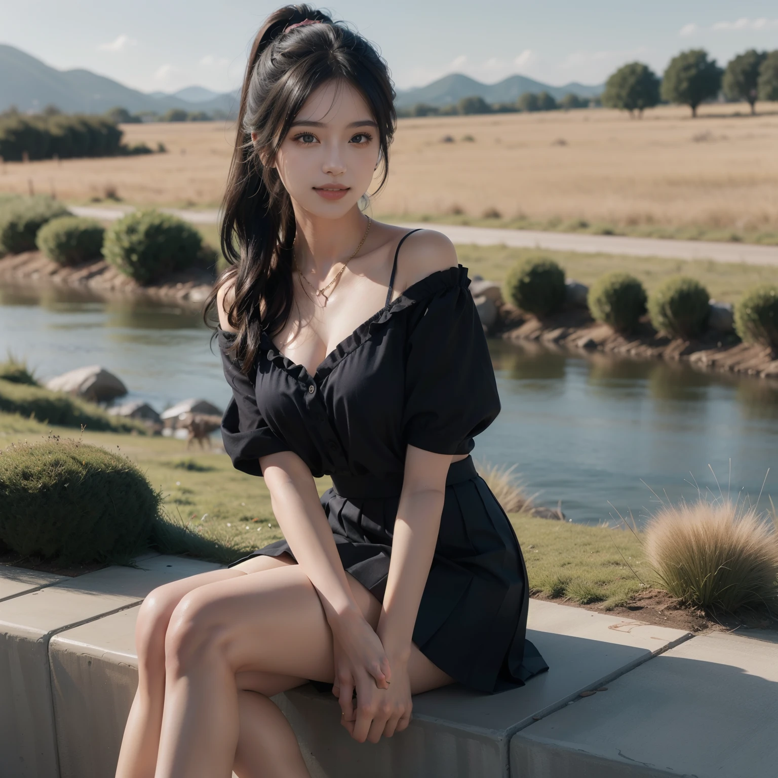 A digital illustration in anime style of a girl standing in a grassy field. She has long black hair styled in a ponytail and blue eyes. She is wearing pink hoddi , a black pleated skirt skirt, black high heels, and a delicate necklace. The image should be ultra-realistic and high resolution (8K), with a clear and sharp depiction. The girl is smiling, dynamic combination, The image is clear and sharp, (Exquisite, sublimation:1.2), Indescribably beautiful, Digital illustration, with beautifully structured features and stunning legs, looking directly at the viewer. The content should be highly detailed, with an exquisite and sublimely beautiful presentation. The background should include a river, adding to the overall masterpiece quality of the illustration.