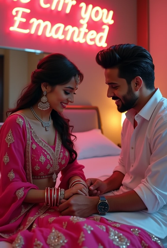 realistic indian 1 girl wearing a pink lehenga sitting in front of a mirror in a bedroom, a real 20 year old boy is standing and putting a silver anklet aroundthe girt’s foot, the boy is wearing a white shirt, both are smiling in And stylish hair, a watchin the boy’s hand, and background features  in big and neon letters on the wall behind Original Image, Girt’s head is tited down DSLRimace 4K