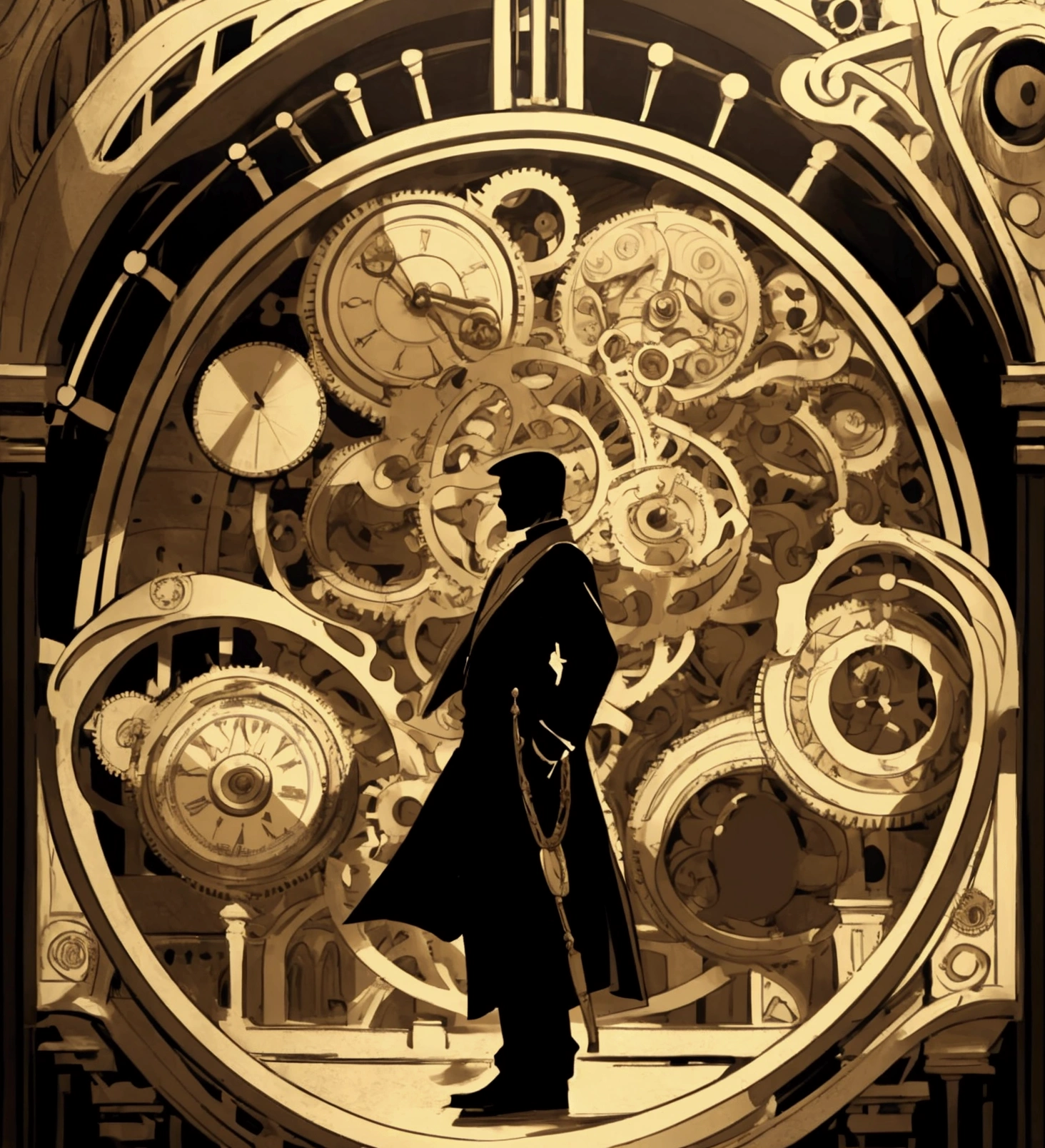 In the image, the silhouette of a person is seen in the foreground. The background is filled with clock gears and multiple clocks showing different times. The overall aesthetic is reminiscent of an antique clock., with gold tones and an ornate frame surrounding the image.
