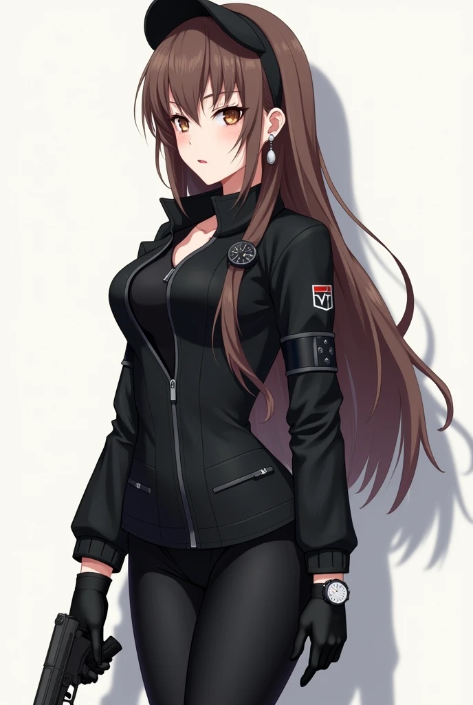 1girl, anime picture, best quality, ultra-detailed, high resolution, extremely detailed cg, unity 8k wallpaper, masterpiece, perfect body, bracelet, earrings, 2d girl, (fullbody), standing, anime girl, wears, black half bonnet, (brown long hair), wears, ( full black jacket, black gloves, smart watch), (black leggings, pistol pouch, black boots), small breasts, serious face, brown eyes,