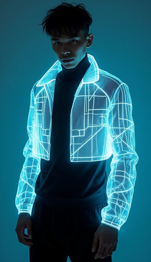 Translucent Light Jacket”: A male model in a short, translucent jacket that glows with a bioluminescent grid pattern. The jacket has a futuristic, minimalist design, with the grid lights pulsing rhythmically. The outfit underneath is dark, creating a stark contrast that makes the jacket's glow even more pronounced. [Futuristic fashion photography, inspired by geometric patterns and light grids], [Sharp, cool lighting, focus on the jacket and light effects, sleek and modern atmosphere].
