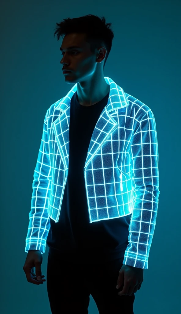 Translucent Light Jacket”: A male model in a short, translucent jacket that glows with a bioluminescent grid pattern. The jacket has a futuristic, minimalist design, with the grid lights pulsing rhythmically. The outfit underneath is dark, creating a stark contrast that makes the jacket's glow even more pronounced. [Futuristic fashion photography, inspired by geometric patterns and light grids], [Sharp, cool lighting, focus on the jacket and light effects, sleek and modern atmosphere].