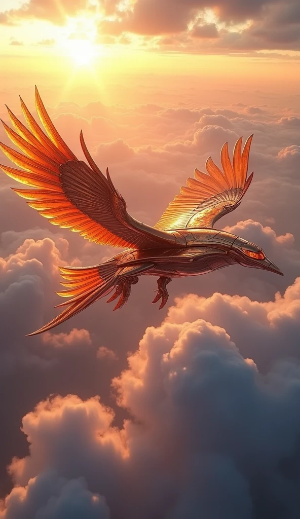 Phoenix aircraft made of white metal, Soaring into the sky, Metal reflective body, Movie Lighting, Spread your wings and glide, Gliding posture, Glowing orange eyes, Glowing steel orange wings, Glowing steel orange tail, Iron Claw, Bright colors, Morning glory cloud background, Very detailed, Futurism, Sci-fi theme