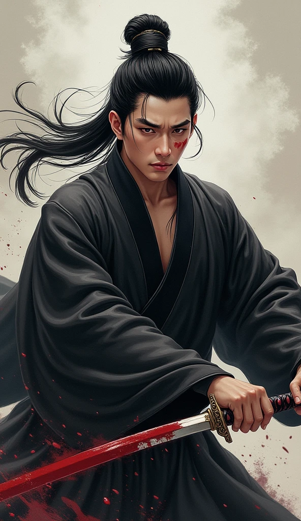 A man, chinese black historical costume, holding a bloody sword, blood on face, illustration, chinese idol face, pretty face, soft color, sharp eyes, cartoon