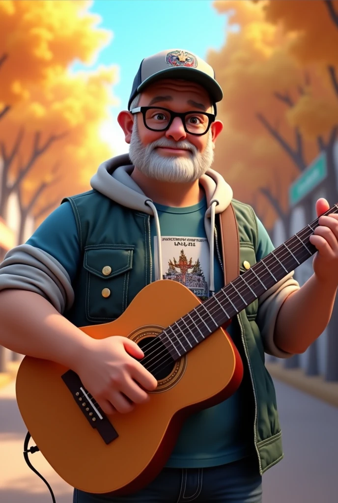 cartoon character of a 50 year old Russian man without a beard, bass cap, black glasses and a t-shirt with the image of the Russian community, holding an acoustic guitar, Anime characters, stylized characters, animation style rendering, 3d stylized, 3D Rendering Style, cartoon rendering keyframe, 3D characters, 3D Rendering Style, cartoon characters, Character close up, Character pose, (Pixar style) (Master Parts:1.2) (hips) (top quality) (Thin skin) (fine texture) (8 K) (clay) (Cinema Lighting) (Sharp Focus)