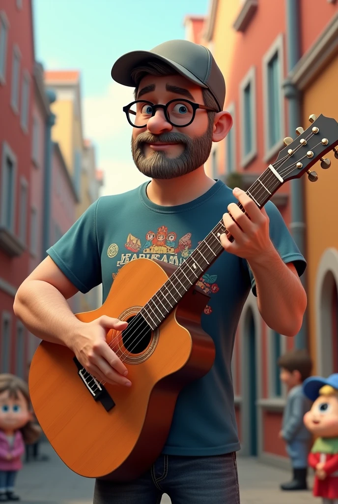 cartoon character of a 50 year old Russian man without a beard, bass cap, black glasses and a t-shirt with the image of the Russian community, holding an acoustic guitar, Anime characters, stylized characters, animation style rendering, 3d stylized, 3D Rendering Style, cartoon rendering keyframe, 3D characters, 3D Rendering Style, cartoon characters, Character close up, Character pose, (Pixar style) (Master Parts:1.2) (hips) (top quality) (Thin skin) (fine texture) (8 K) (clay) (Cinema Lighting) (Sharp Focus)