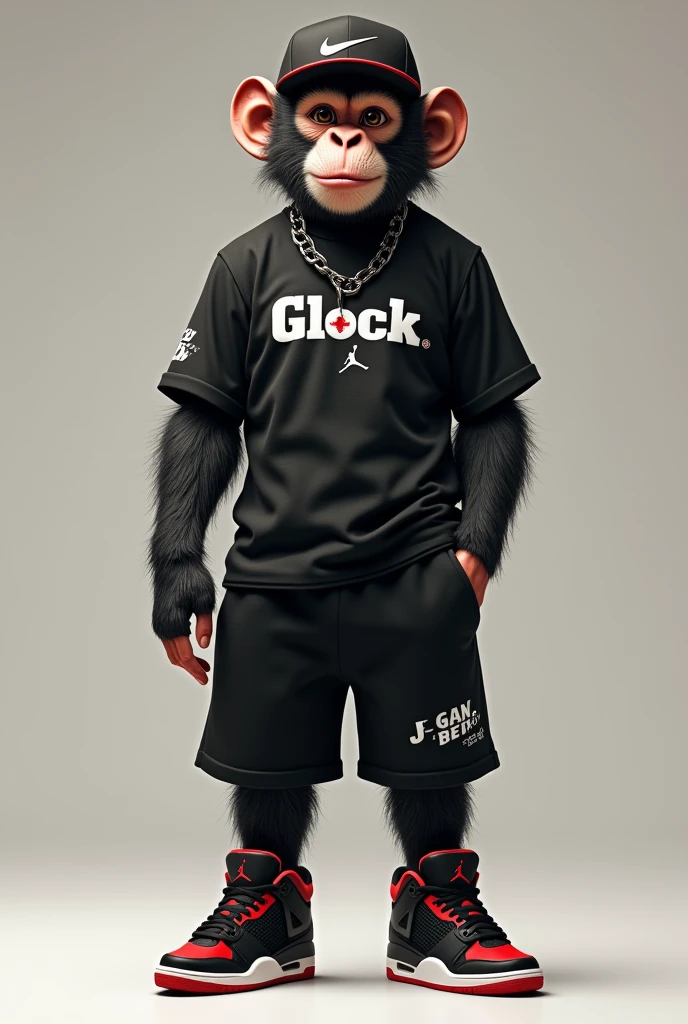 An adult monkey wearing a Nike cap, a Glock shirt, black shorts and black and red Jordan 4 sneakers