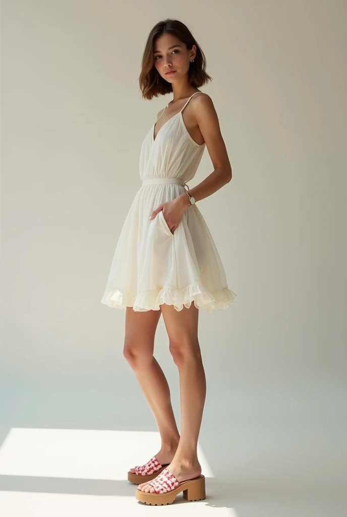 Create an image of a model wearing a short ruffle dress with a slides chunky platform heels
