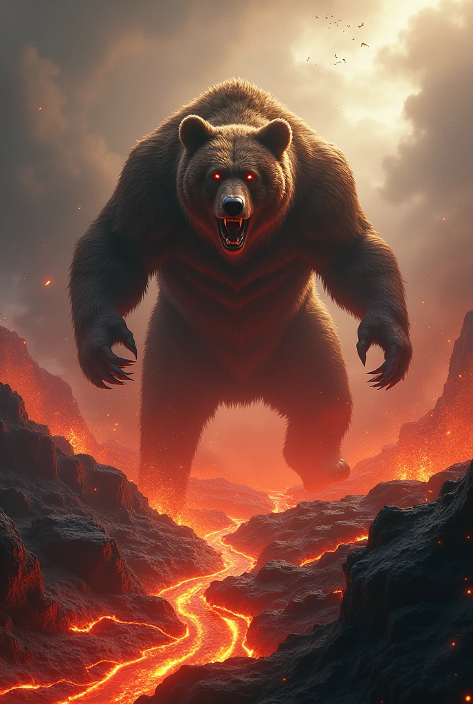 bear, with bright red eyes, open claws , hairs standing on end and muscles tense, poised for battle. A huge volcanic landscape with rivers of lava, a sky full of ash and floating embers hover in the background. The strong light from the lava casts dramatic shadows, emphasizing the epic, cinematic scale and super detailed scene