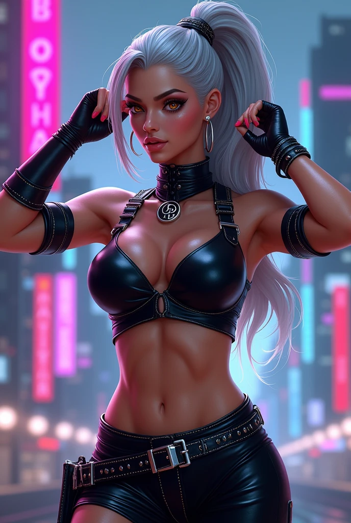 The character has long, silver hair styled in a high ponytail with a voluminous and gradient effect. Her sharp, seductive golden eyes are framed by arched eyebrows that enhance her confident and playful expression. She has a large bust, emphasized by a tight, revealing black leather outfit with a sleeveless, cropped top that showcases her toned abdomen. The glossy fabric is adorned with metallic elements like buckles and straps, reflecting a cyberpunk aesthetic. She wears black and metallic armbands with buckles and a symbolic emblem on her top. In a dynamic pose with her arms raised and pulling her ponytail to one side, her muscular build is highlighted. The background features a futuristic cityscape with skyscrapers and neon lights in purples, pinks, and blues, reinforcing the cyberpunk influence of her strong and sensual presence.