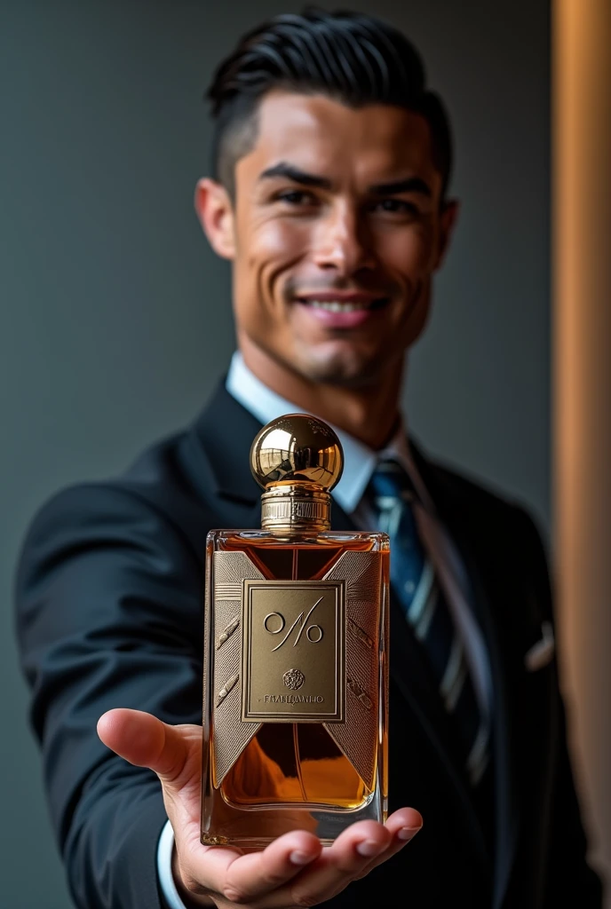 Create image of ronaldo holding luxurious perfume bottle o6 iqra Fragrances 