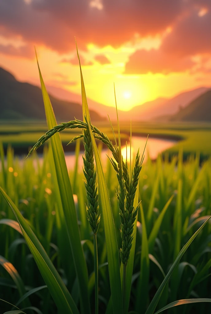 Rice farm close up to rice come with background sunset