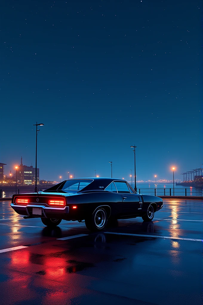 Prompt**: A meticulously drawn animation-style image set in a nighttime harbor. The scene features a vivid night view with a calm sea and a beautiful starry sky above filled with numerous twinkling stars. The wet road surface, reflecting light after the rain, adds to the ambiance. In the pier's parking lot, an Dutch Charger RT 1970 with a shiny black body is quietly parked, its taillights glowing softly. The car is rendered with intricate detail, and the entire composition is in high-quality 8K.