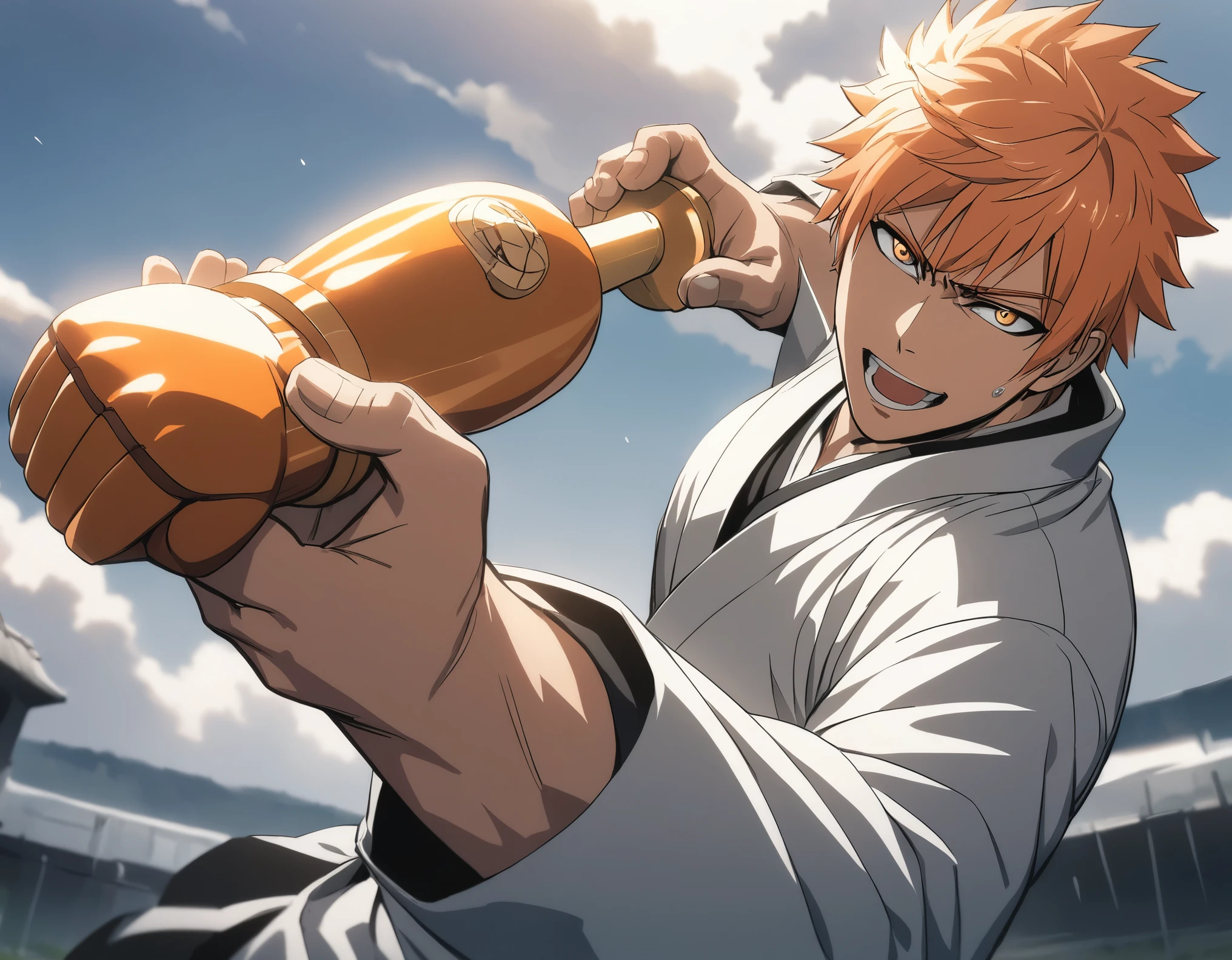 1boy, male focus, solo, (kurosaki ichigo), bleach, orange very short hair, wear blackimono, open mouth, gourmetspicer,
sky, holding weapon,
weapon,upper body,clenched hand,incoming attack,arm cannon,fighting stance,
looking at viewer,
dutch angle,
grasslands,
masterpiece, best quality, ultra detailed, highres,4k,(ultra-detailed:1.4) (illustration:0.5), (ray tracing,:0.8),(anime colored:0.7),(ai-generated:0.5),