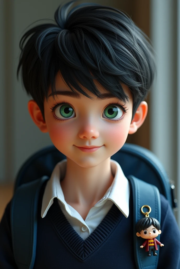 Generate a portrait of a schoolboy. Physique: short and thin; Eyes: bright green. Hair: black. Dressed in a modern school uniform. Has a cool school backpack of dark blue color with a key ring - a Harry Potter figurine