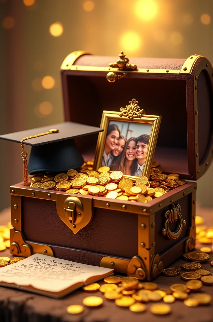 an animated opened treasure box with gold coins inside it, a picture frame of young students a letter and a graduation cap.