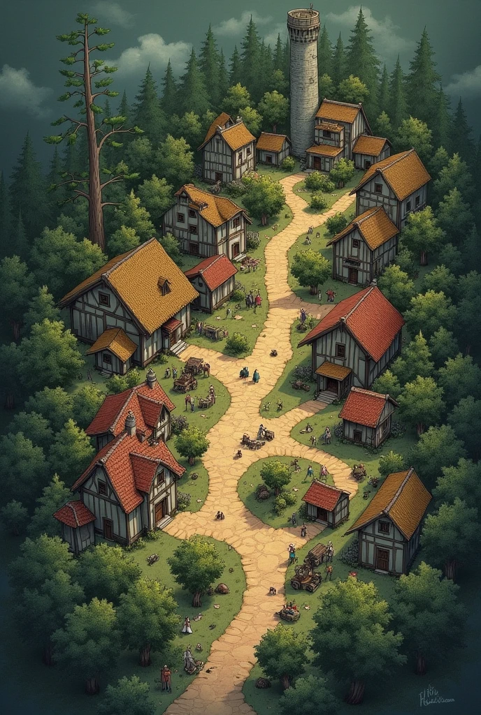 Map of the village in the Demon Forest , You must mark the place where the arms and supplies market is located., school, City Hall, etc., And in the medieval world, there must have been more houses.